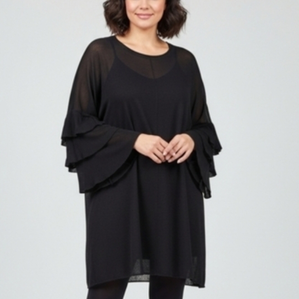 Bitte Kai Rand Tunic Size XL 1X Black Sheer Oversize Mini Dress Ruffle Sleeve